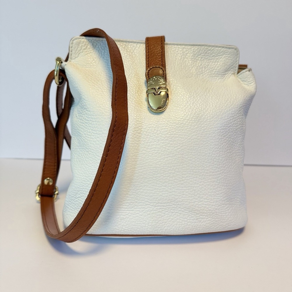 Valentina Crossbody Bag Genuine Leather Made In Italy White And Brown Classic